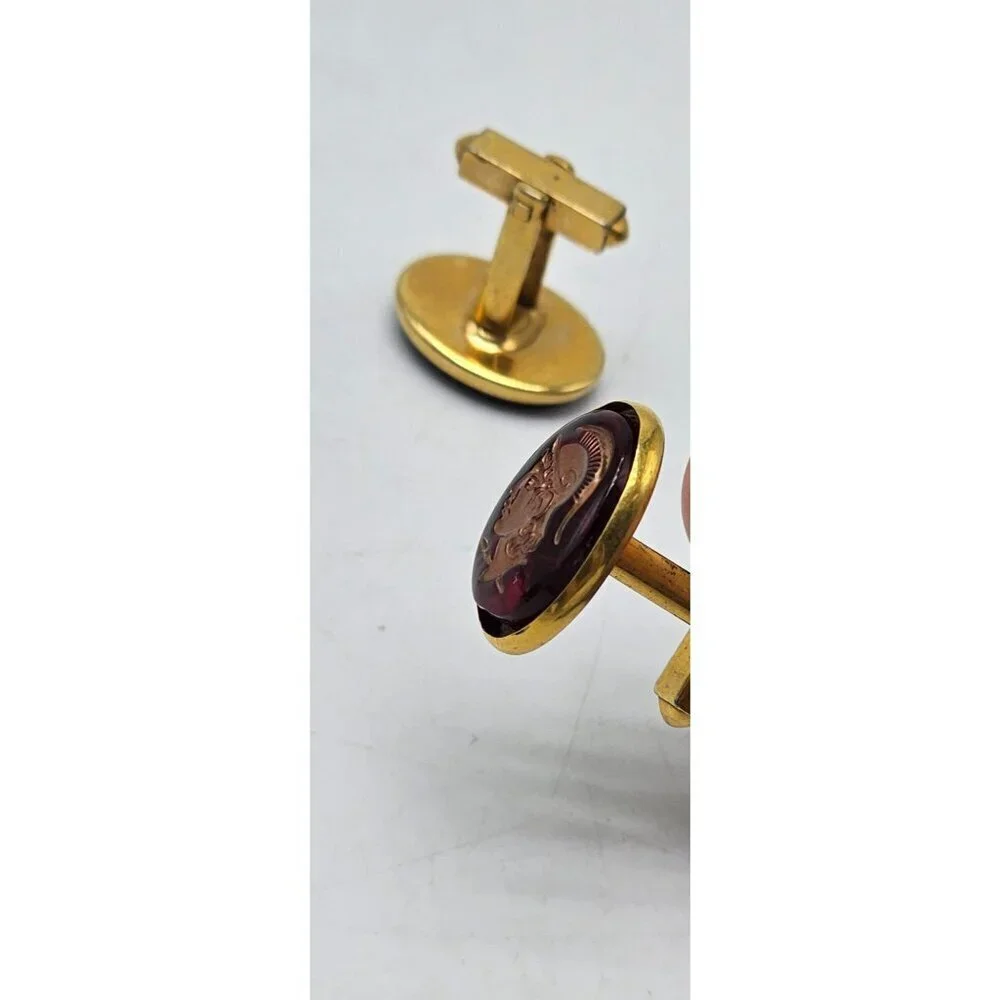 Vintage Roman Trojan Soldier Cufflinks Gold Brown Lucite 0.52 Inch Diameter